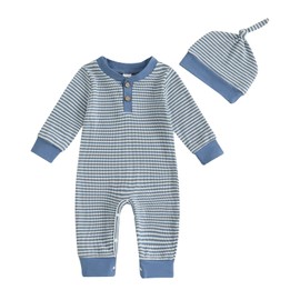 Demdzq Newborn Baby Boy Clothes Stripe Long Sleeve Romper Round Neck Winter Jumpsuit Cute Infant Fall Baby Boy Outfit (Blue, 3-6 Months)