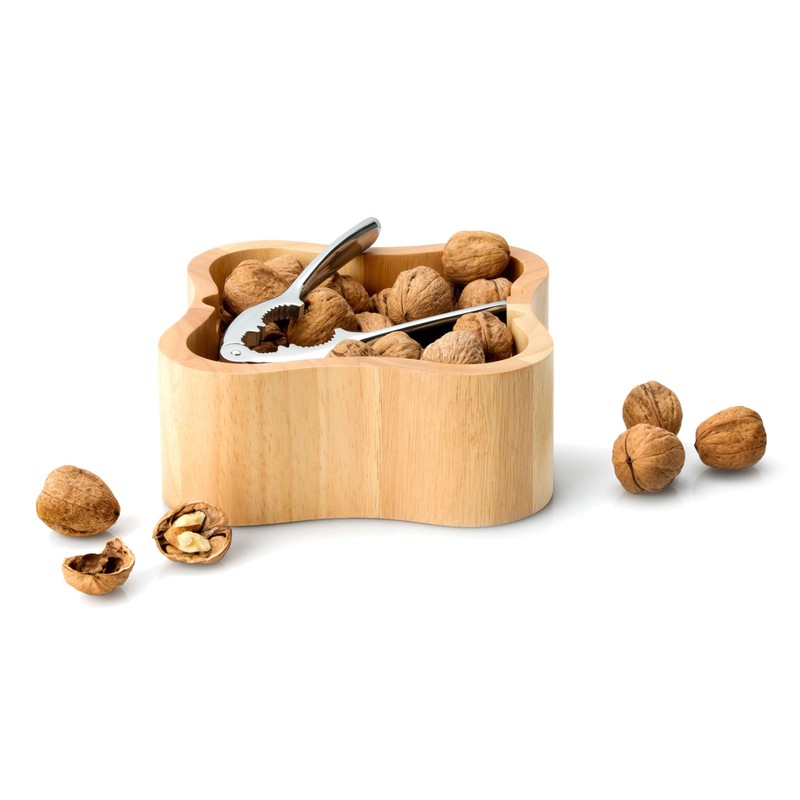 Continenta Square Rubber Wood Nut Shell with Integrated Quality Nutcracker,