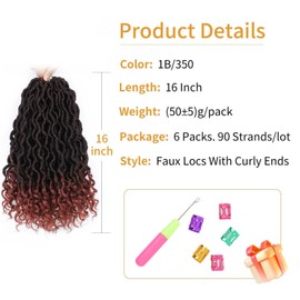 16 Inch Faux Locs Crochet Hair Ombre Ginger Goddess Locs Faux Hair Pre Looped Crochet Locs for Black Women Soft Loc with Curly Ends(16 Inch,6 Packs,1B/350)