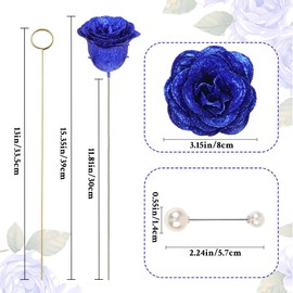 Waipfaru Blue Glitter Roses Bouquet, DIY Fake Flowers Bouquet, Everlasting Shiny Artificial Rose Bouquet for Valentine's Day, Anniversary, Engagement, Wedding, 24 Roses