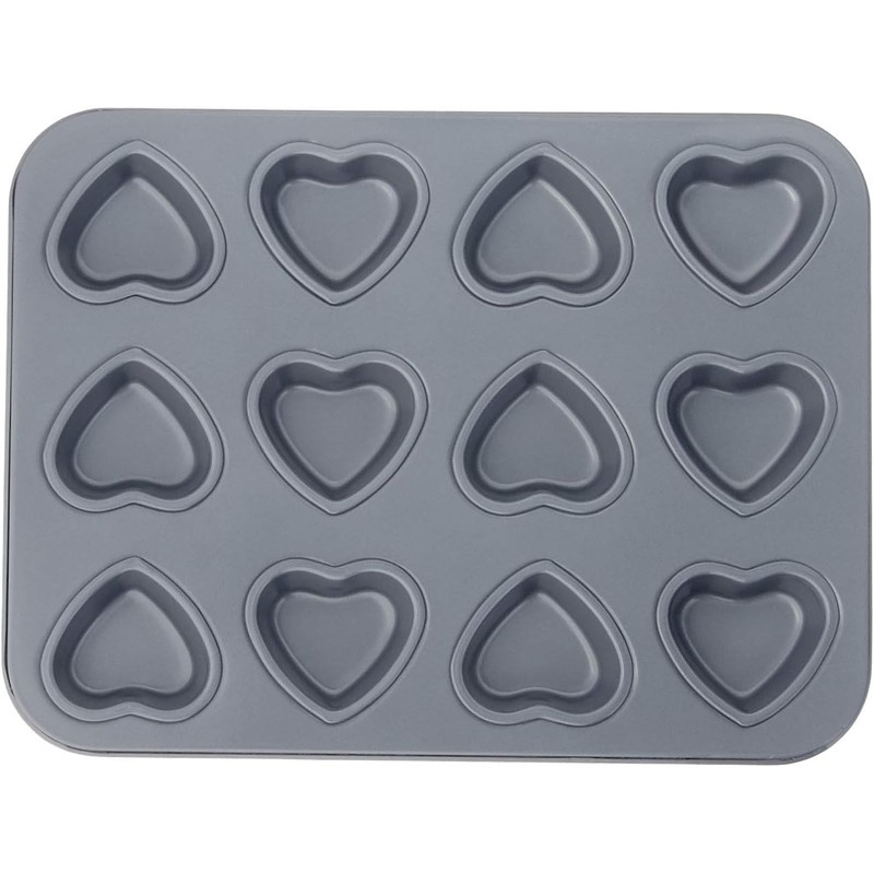 Fox Run Mini Heart Muffin Pan, 12-Cup, Preferred Non-Stick, Gray