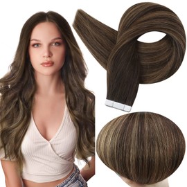 Full Shine Tape in Hair Extensions Color 2/8/2 Darkest Brown Balayage Hair Extensions for Women 20 Inch 50 Grams Remy Human Hair 20 Pieces Sliky Straight Hair