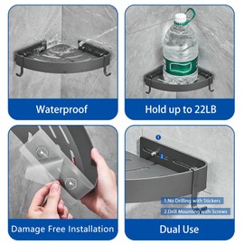 FIISAYL Shower Shelf No Drilling Shower Shelf Corner Bathroom Organiser Bathroom Shelf Shower Basket Shower Corner Shelf with 4 Hooks Space Aluminium Wall Mounting Grey Pack of 2