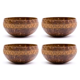 Rainforest Bowls Set of 4 Jumbo Zigzag Coconut Bowls, 4 Wooden Spoons & 4 Reusable Bamboo Straws - 100% Natural, Hand Carved by Artisans, Eco-Friendly & Sustainable - Smoothie/Acai/Salad Bowls