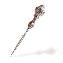 URROMA Rose Gold Vintage Embroidery Awl, 1 Piece European Style Sewing Tool Kit Sewing Awl with Green Rhinestone Handle Awl Scribe Tools for Punch Stitching DIY Craft