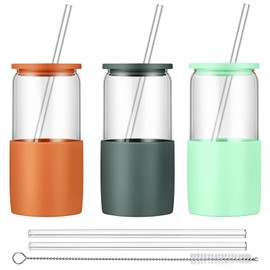 Sunseeke Glass Tumbler with Straw and Lid, 16oz Ice Coffee Cup, Silicone Sleeve Cleaning Brushes, Drinking Glasses for Water, Iced Coffee, Smoothie -BPA Free -3Pack