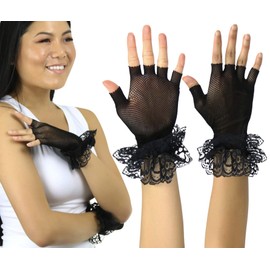 ToBeInStyle Women’s Whimsical Lace Ruffle Wrist Trim Fishnet Fingerless Gloves - Black