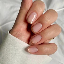 Short Square Press on Nails Fake Nails Simple with Nude Glitter Trim Design False Nails French Tip Stick on Nails Full Cover Thick Glossy Acrylic Glue on Nails for Women 24Pcs JP1955