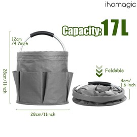 IHOMAGIC 17L Multifunctional Storage Basket, Foldable Storage Bin, Round Tool Basket Carrying Basket, Oxford Fabric Storage Hamper for Home Storage, Shopping, Picnic, Beach, Gardening Tool (Dark Grey)