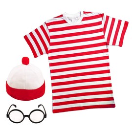 Crazy Chick® MENS LADIES RED & WHITE STRIPED TSHIRT HAT & GLASSES Fancy Dress (XX-Large)