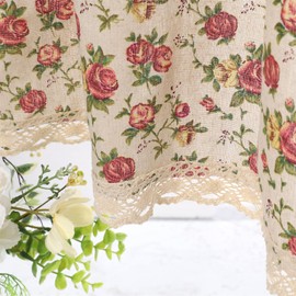 Moslovstar Farmhouse Cotton Linen Tier Curtain 15.7 Inch Long Elegant Floral Lace Window Valance Kitchen Bathroom Short Curtain, 1 Panel, Blooming Roses on Beige