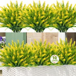 N&T NIETING 10 Bundles Artificial Plants Outdoor Fake Monkey Grass with Flowers for Pot Garden Decor Window Verandah Office Patio Fake Planter Pathway Front Porch(Yellow)