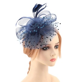 DRESHOW Fascinator Hats for Women Pillbox Hat with Veil Headband and a Forked Clip Tea Party Headpiece, 1 set gl-navy blue, One size