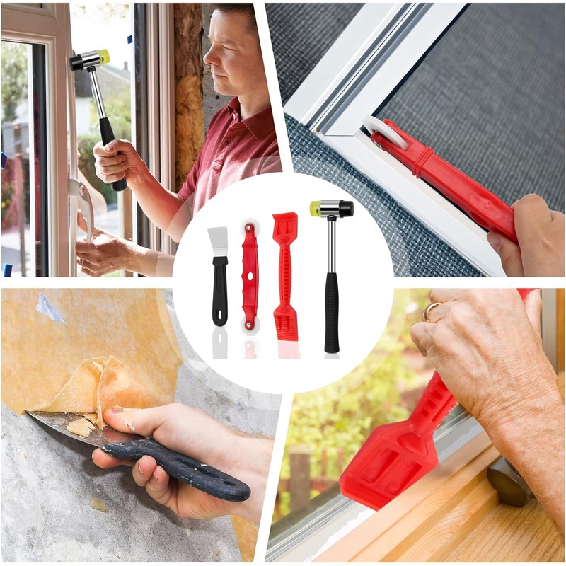 Window Glazing Tool Kit, 4PCS Heavy-Duty Glazing Tools, Red Window