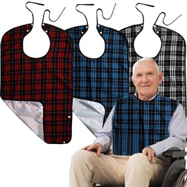 Mumjooyi Bibs for Adults, Pack of 3, Waterproof Adult Bibs with Press Studs & Dirt Catchers, Reusable Bib for Adults, Men, Women, Elderly People with Disabilities, Red, Blue, Black