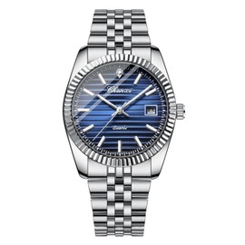 JewelryWe Herrenuhr Edelstahl Leuchtende Uhren: 3ATM Wasserdicht Kalender Analog Quarz Armbanduhr Herren Silber Edelstahlarmband Uhr mit Leuchtzeiger, Blau Zifferblatt und Facettiert Lünette