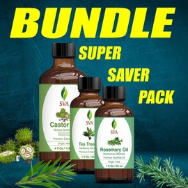 SVA ORGANICS SVA Castor Oil 4oz, Tea Tree Essential Oil 1oz and Rosemary Essential Oil 1oz Bundle Super Saver Combo C Premium Grade Value Set for Scalp Massage, Hair Care, Skin Care, Body Massage and Aromatherapy