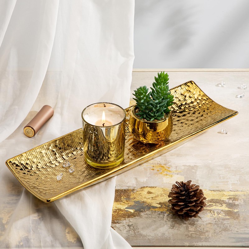 Hollyone Plant Tray Saucer Decor Gold Metal Ceramic 16inch Rectangular