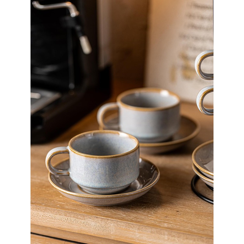 Gomakren 6 Ounce Cappuccino Cups with Saucers and Metal Stand,