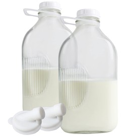 The Dairy Shoppe Heavy Glass Milk Bottles - Jugs with Lids and Silicone Pour Spouts - Clear Milk Containers for Fridge - Reusable Glass Milk Jug Dispenser - Made in USA (64 oz, 2 Pack)