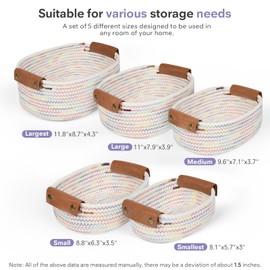 Storage Basket Set of 5 - Cotton Rope Baskets With Leather Handles - Small Woven Basket for Organizing, Nursery, Bathroom Shelves or Bedroom Decor (Rainbow)