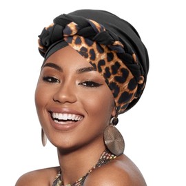 DRESHOW 1 Piece African Women's Turban Braid Headwear Headscarf Chemo Cap Pre-Tied Beanie Hat Head Wrap Sleep Hat, 1 x twisted braid: black with leopard print