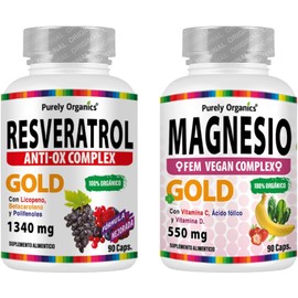 Suplemento Antioxidante. Resveratrol 1340mg con Polifenoles, Betacaroteno, Licopeno y Vitamina C. más Magnesio Fem, Fórmula de Citrato de Magnesio para mujeres. Purely Organics. (Combo Resveratrol y Magnesio Fem 90 Cápsulas)