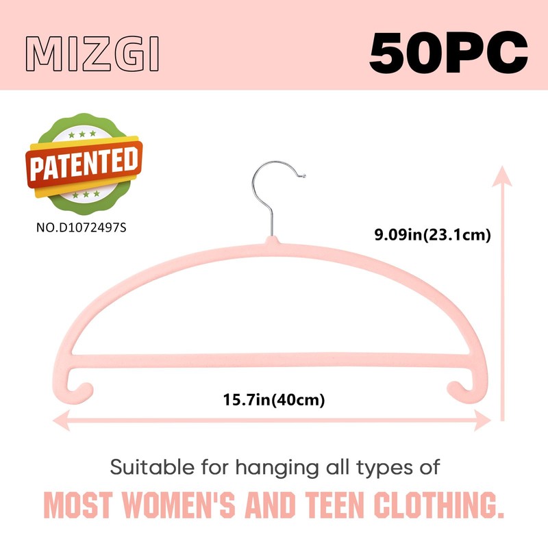 MIZGI 50 Pack Blush Pink Velvet Hangers - No Shoulder