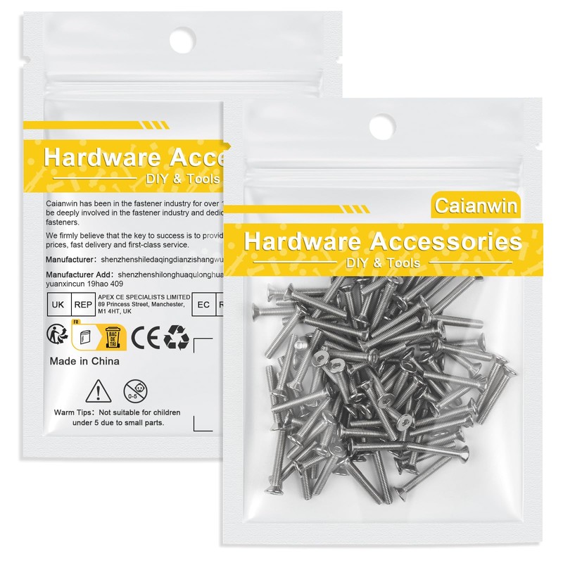 Caianwin 100Pcs M3*20mm Hex Countersunk Bolts DIN7991 Machine Screws 304