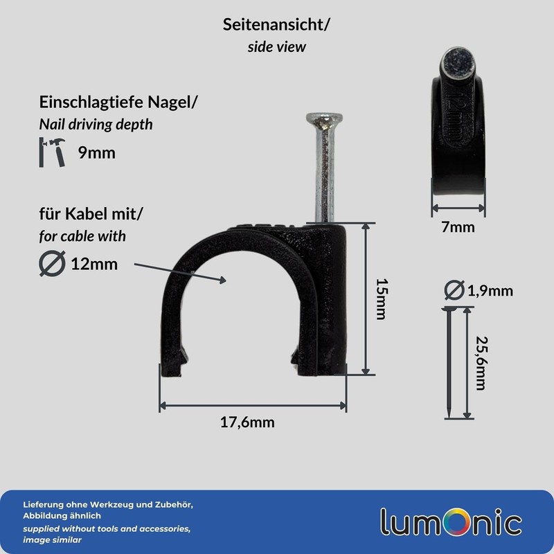 Lumonic 100 x Nail Clamps 12 mm for Cable Black