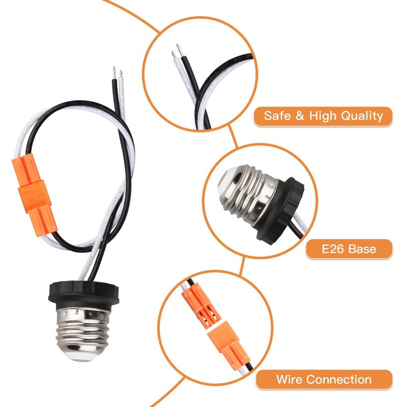 Helunsi E26 Socket Adapter, 10 Pack Light Bulb Socket Pigtail,
