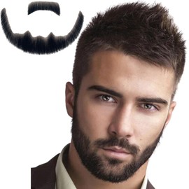 Volora Fake Beard Realistic Human Hair Full Hand Tied Facial Hair Black Goatee False Beards Lace Invisible Fake FaceMustache for Entertainment Drama Party Costume Party (Style-2, Black)