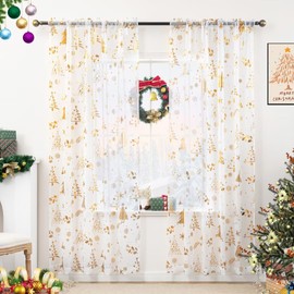 KarINSTALLi - Cortinas transparentes de Navidad para sala de estar, árbol de Navidad, cortinas transparentes con estampado de lámina dorada, cortinas de ventana con bolsillo para barra, decoración