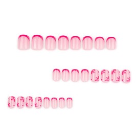 Press on Nails French Short Square LINMEIZAI Fake Nails Press ons Nail Tips Glue on Nails Full Cover Acrylic Nail Kit False Nails Stickers Nail Art with Pink Floral Design for Women Manicure 24Pcs