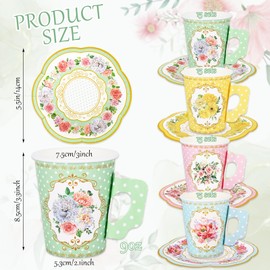 JarThenaAMCS 120Pcs Tea Party Decorations 60 9oz Pink Yellow Blue Green Floral Paper Tea Cups with Handle and 60 5.5in Saucers for Spring Tea Party Tableware Girls Women Birthday Supplies, 60 Set