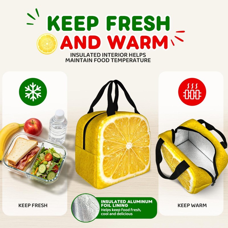 Cute Women Lemon Insulated Lunch Box,Portable Lunch Bag Tote