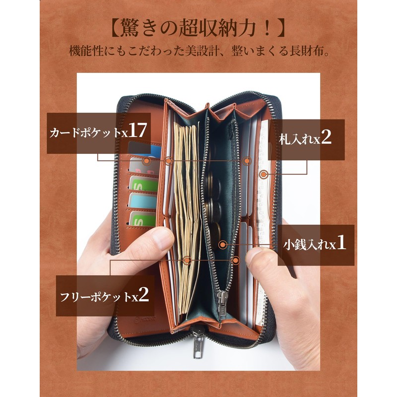 Modiko Men's Long Wallet, Large Capacity, Carbon Leather, YKK Zipper,