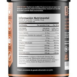 B Life Colágeno Hidrolizado en Polvo sabor Chocolate 720 gramos con Vitamina C, Magnesio, Biotina y Ácido Hialurónico. Porción de 12 g. Collagen Dark Chocolate.
