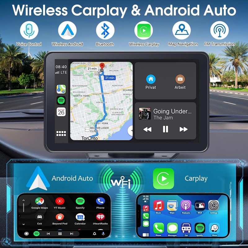 Carplay Screen for Car, 7" HD Wireless Portable Car Play