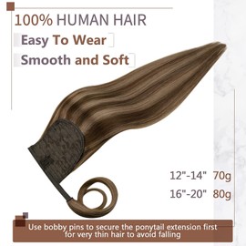 RUNATURE Real Hair Ponytail Extension Brown Highlight Blonde Human Hair Ponytail Straight Ponytail Hair Extensions Real Human Hair 12 Inch 70g
