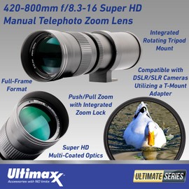 Ultimaxx 420-800mm f/8.3-16 Super HD Manual Telephoto Zoom T-Mount Lens + Canon EF-M Adapter for Canon EOS M, M2, M3, M5, M6, M6 Mark II, M10, M50, M50 Mark II, M100, M200 & Other EF-M Mount Cameras