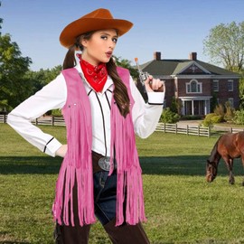 PARTTELY Women Fringe Vest 70s Hippie Costume Faux Suede Rivets Tassel Sleeveless Cowgirl Western Costume Jacket Outerwear (Pink, XX-Large)