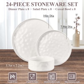 Herogo 24 Pieces Dinnerware Sets for 8, Dishes Plates and Bowls Sets for Kitchen, Dinner Stoneware Dishware, Dishwasher & Microwave Safe, Speckled White