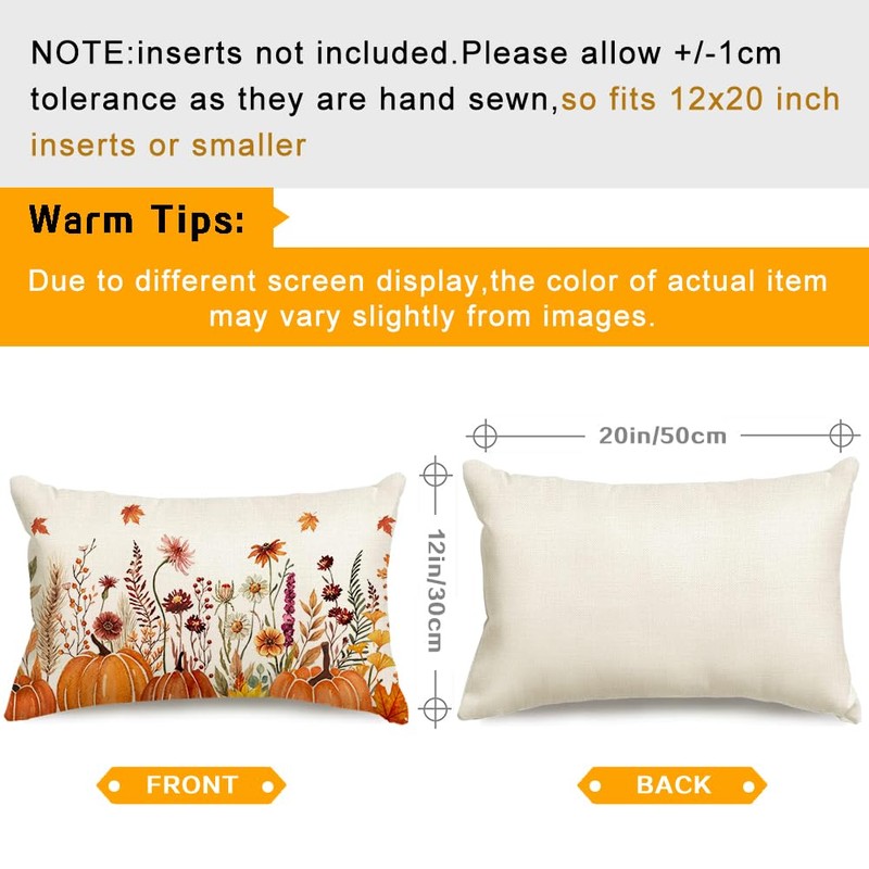 RABUSOFA Fall Pillow Covers 12x20 Floral Orange Pumpkin Decoration Outdoor