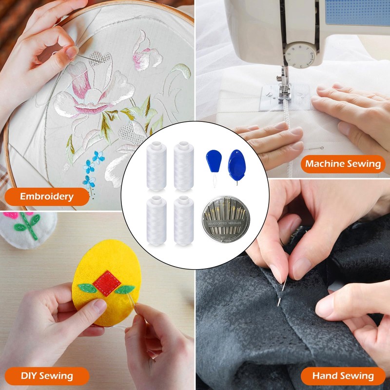 Rnigra Sewing Thread Set, Polyester Thread, White Thread 4PCS with