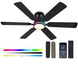 Ceiling Fans with Lights- 52" RGB Low Profile Indoor Ceiling Fan with Light and Remote/APP Control, Flush Mount, 6 Blade, LED Dimmable DC Reversible Modern Ceiling Fan for Bedroom（Black）