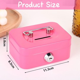 Spetsbst Cash Box Lockable Small Cash Box with Key and Slot, Steel Money Box Children (Pink)