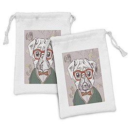 Ambesonne Dog Fabric Pouch Set of 2, Vintage Illustration of Old Hipster Pug Pet Glasses Bow Master of Professor Funny, Small Drawstring Bag for Toiletries Masks and Favors, 9" x 6", Multicolor