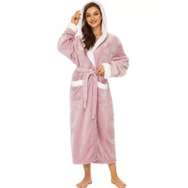 ccko Plush Robes For Women, Fleece Fuzzy Womens Robe,Soft Warm Women's Bathrobe with Hood for Bath Spa Shower House, Pink, S