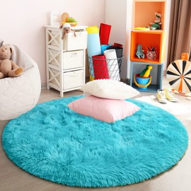 FlyDOIT Blue Round Rug for Bedroom, Super Fluffy Circle Rugs for Baby Nursery, 4'X4' Feet Furry Carpet for Children Kids Room, Cute Soft Shaggy Rug for Girls Home Decor, Fuzzy Plush Carpets for Dorm